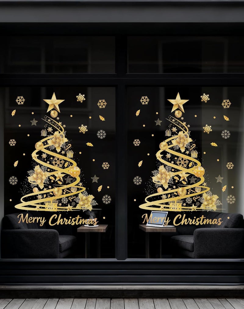 Nullyda Christmas Tree Window Clings for Glass, 19.69 * 15.75 Inch Large Golden Snowflake & Tree Decals, Removable Sticker for Glass Wall Mural Door Showcase DIY Christmas Decor - 2 Pack (Style D) - Image 1